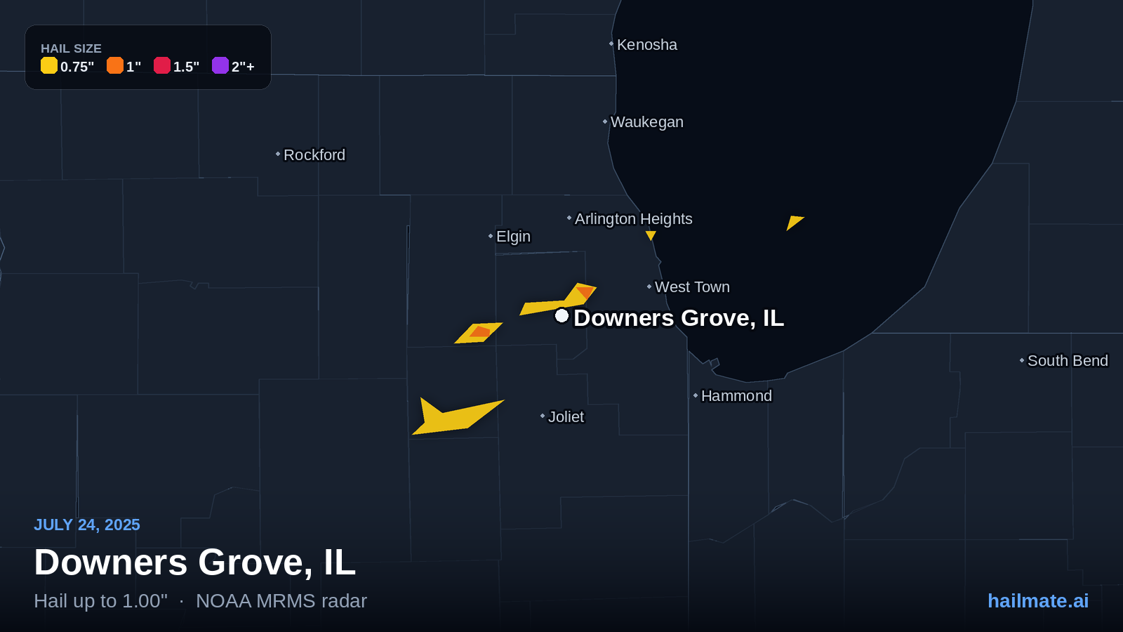 Hail swath map for Downers Grove, IL on July 24, 2025 showing 1.00 inch hail.