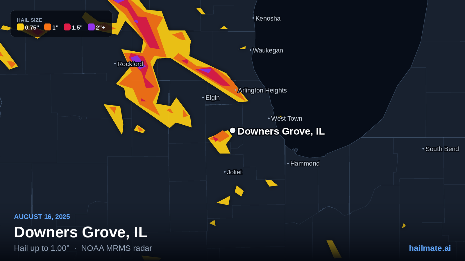 Hail swath map for Downers Grove, IL on August 16, 2025 showing 1.00 inch hail.