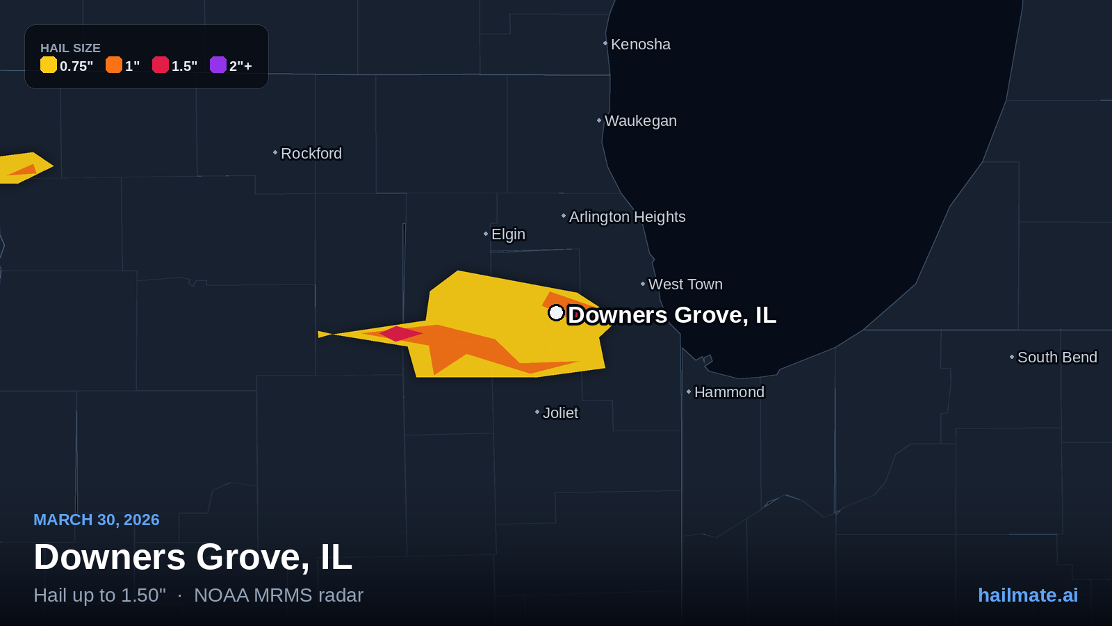 Hail swath map for Downers Grove, IL on March 30, 2026 showing 1.50 inch hail.