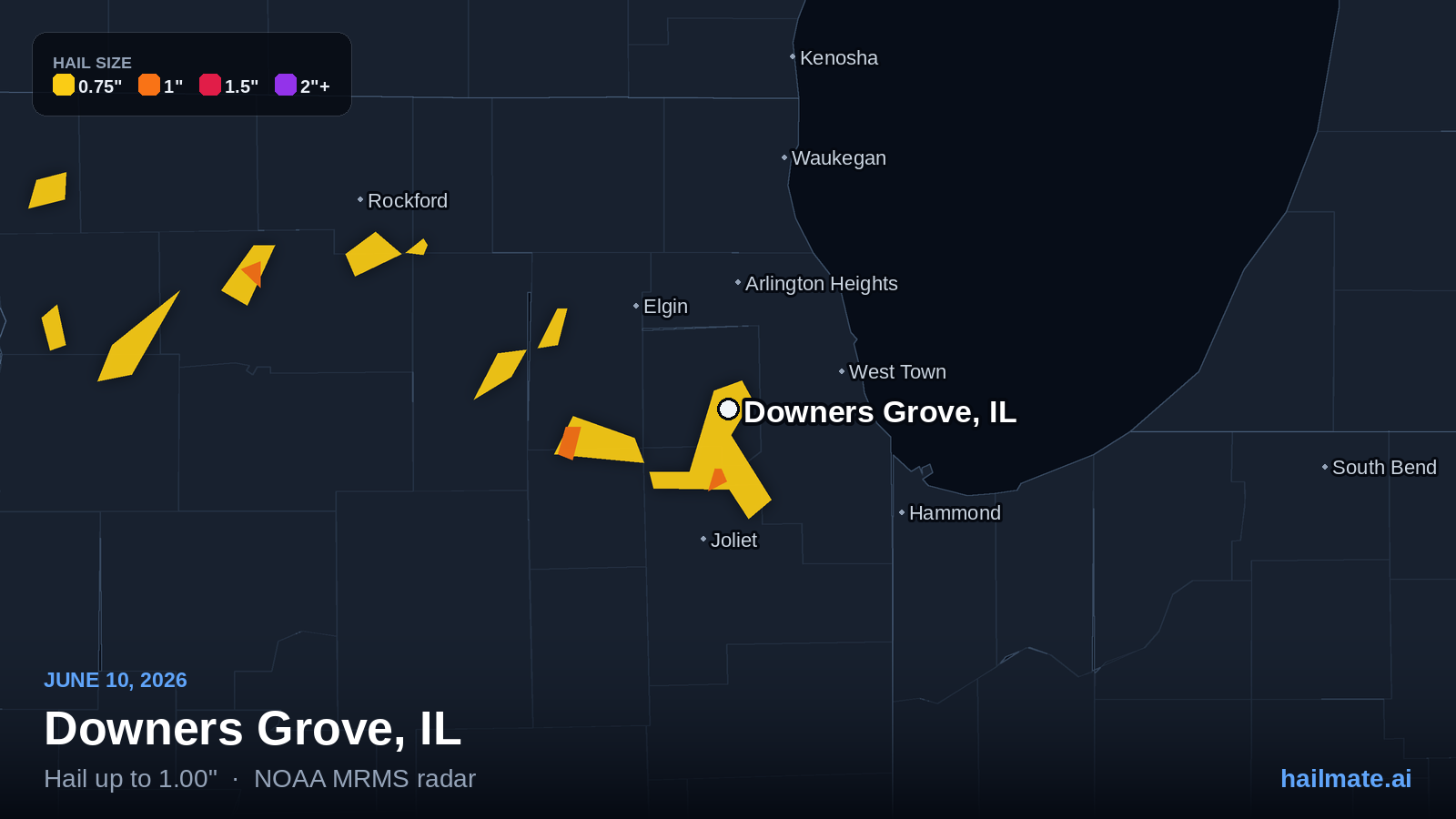 Hail swath map for Downers Grove, IL on June 10, 2026 showing 1.00 inch hail.