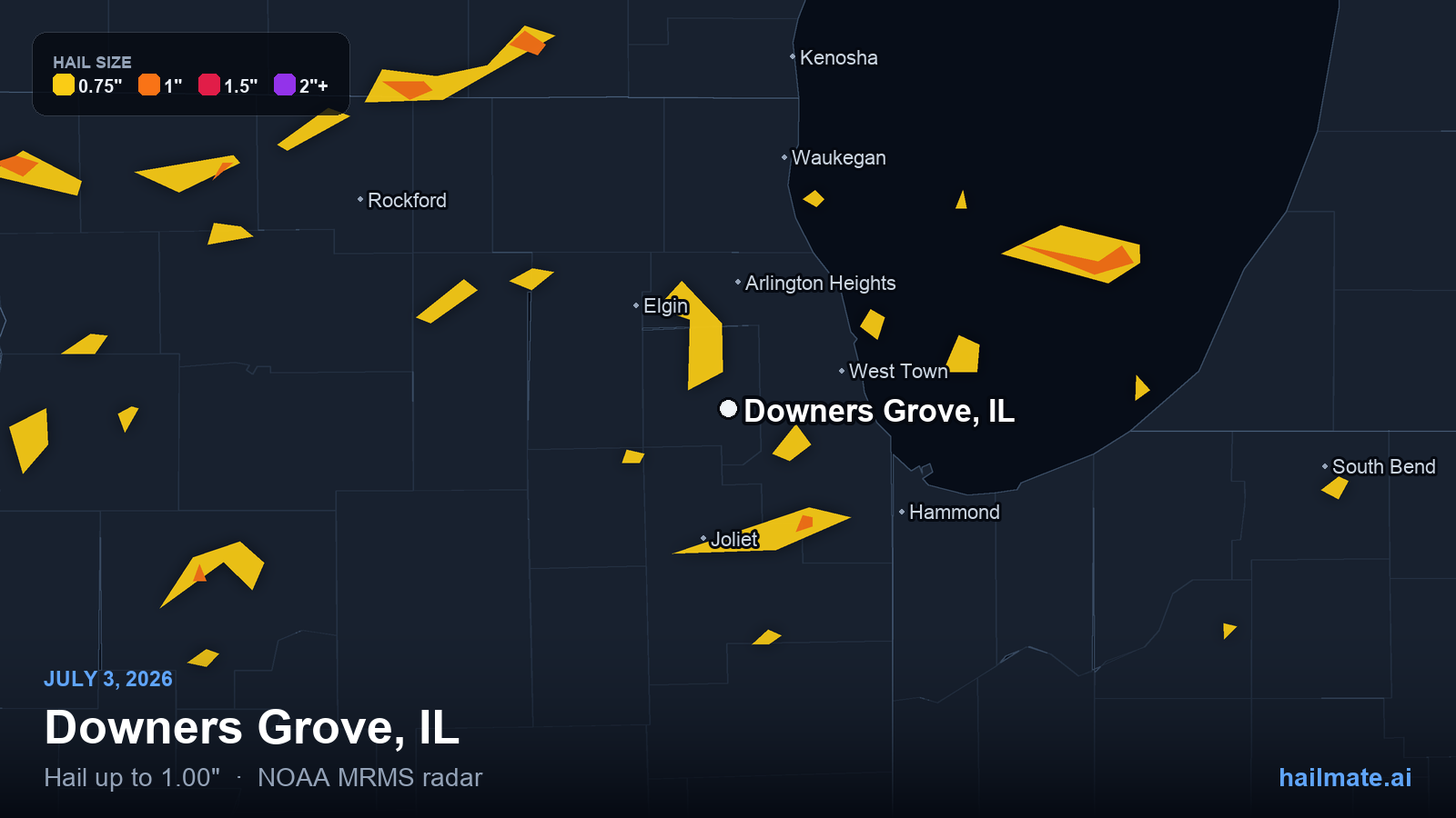 Hail swath map for Downers Grove, IL on July 3, 2026 showing 1.00 inch hail.