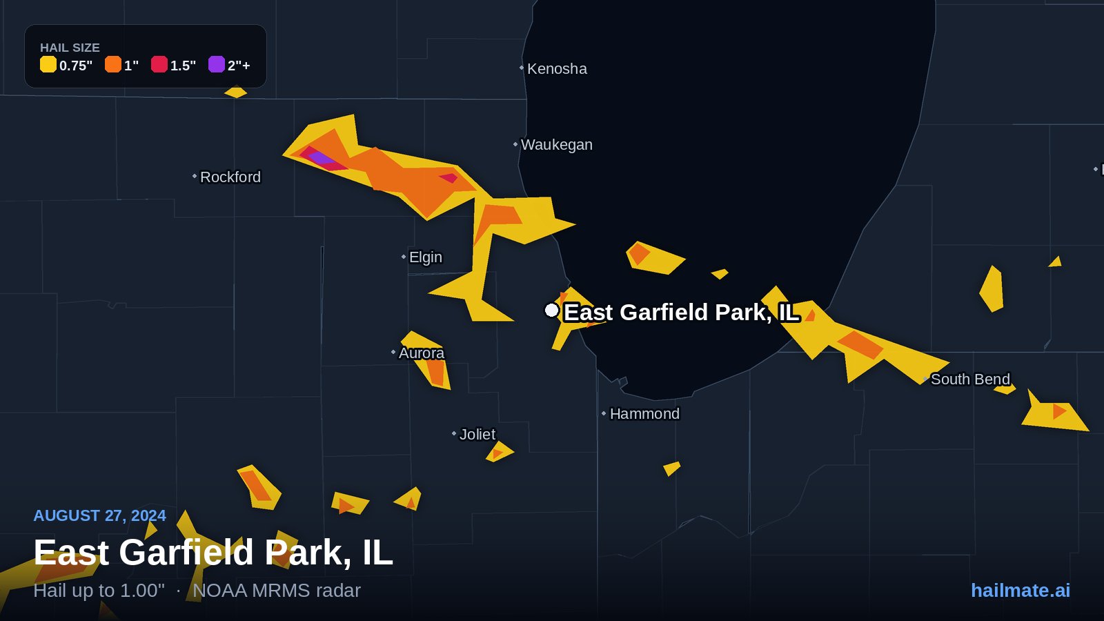 Hail swath map for East Garfield Park, IL on August 27, 2024 showing 1.00 inch hail.