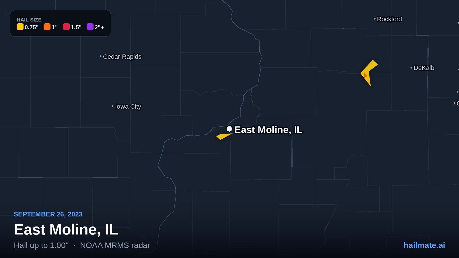 Hail swath map for East Moline, IL on September 26, 2023 showing 1.00 inch hail.