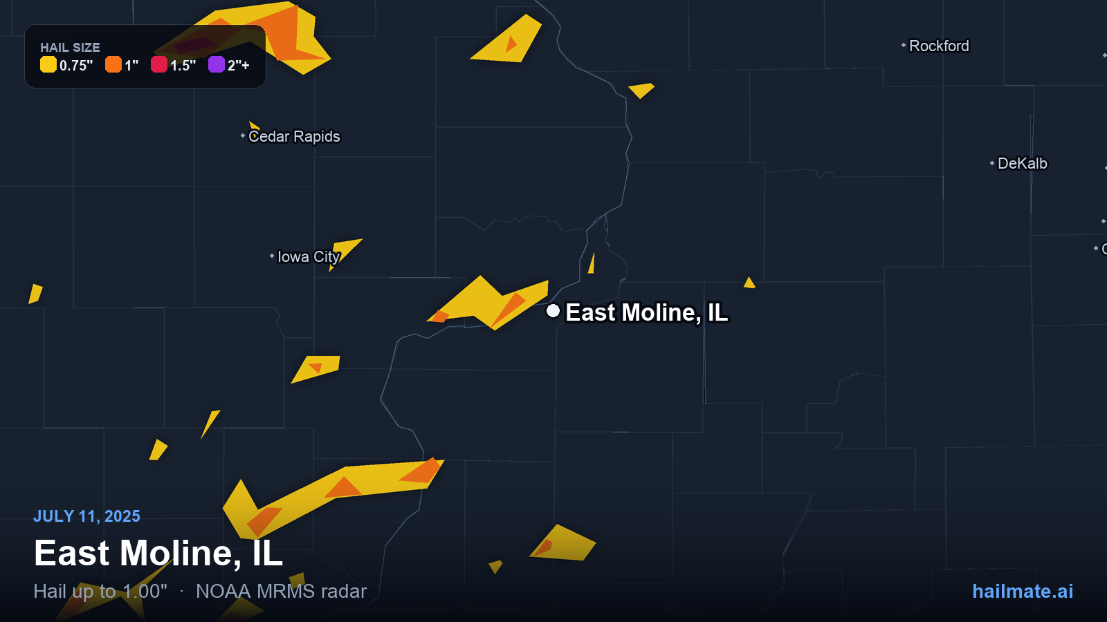Hail swath map for East Moline, IL on July 11, 2025 showing 1.00 inch hail.