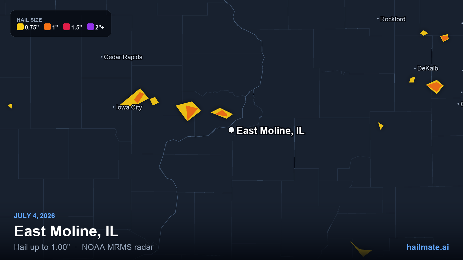 Hail swath map for East Moline, IL on July 4, 2026 showing 1.00 inch hail.