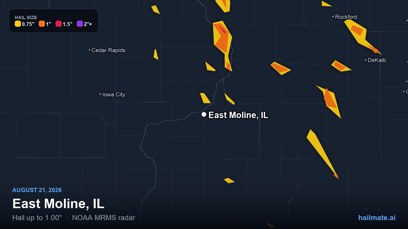 Hail swath map for East Moline, IL on August 21, 2026 showing 1.00 inch hail.