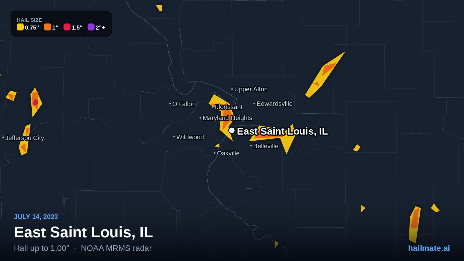 Hail swath map for East Saint Louis, IL on July 14, 2023 showing 1.00 inch hail.