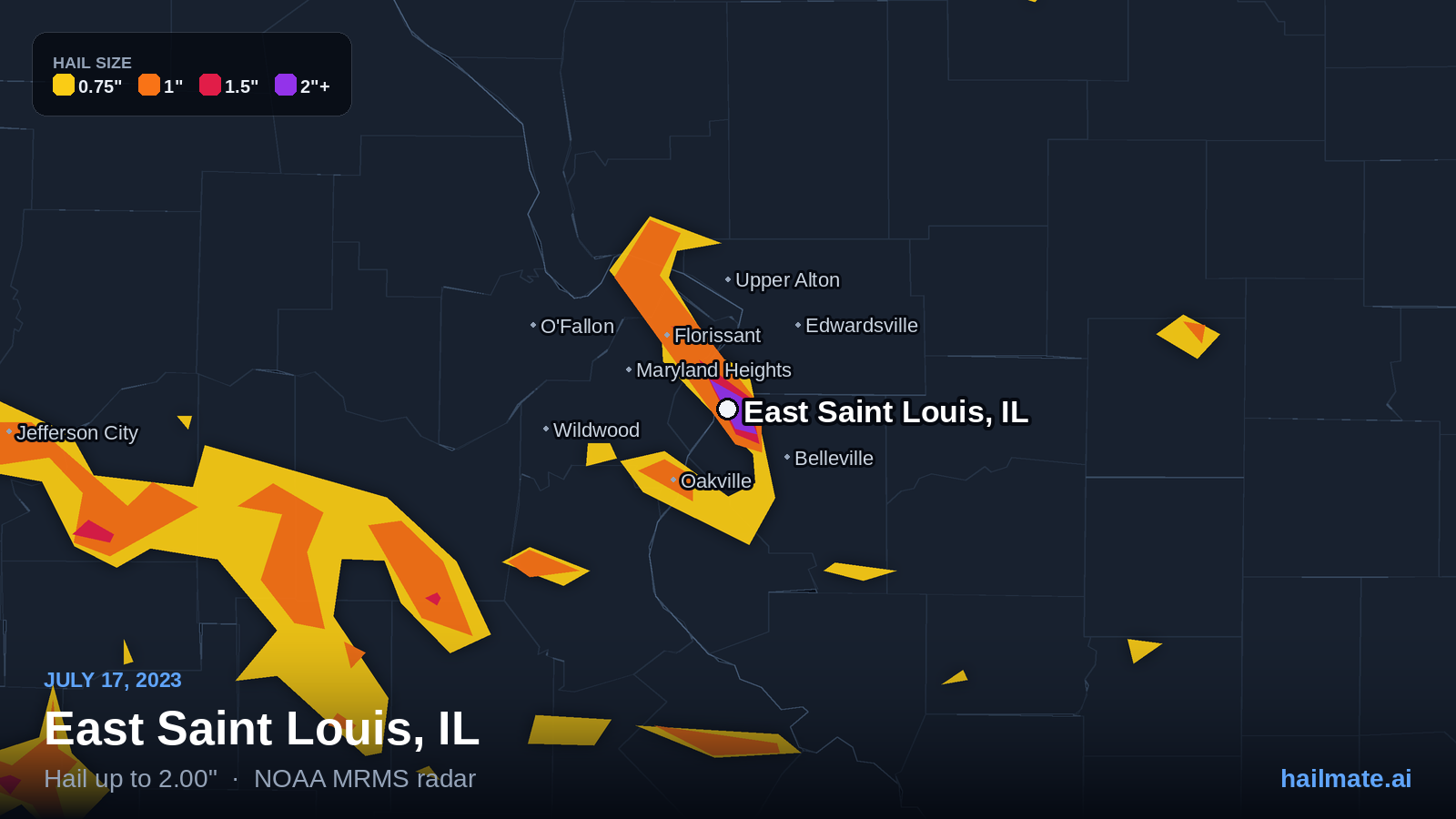 Hail swath map for East Saint Louis, IL on July 17, 2023 showing 2.00 inch hail.