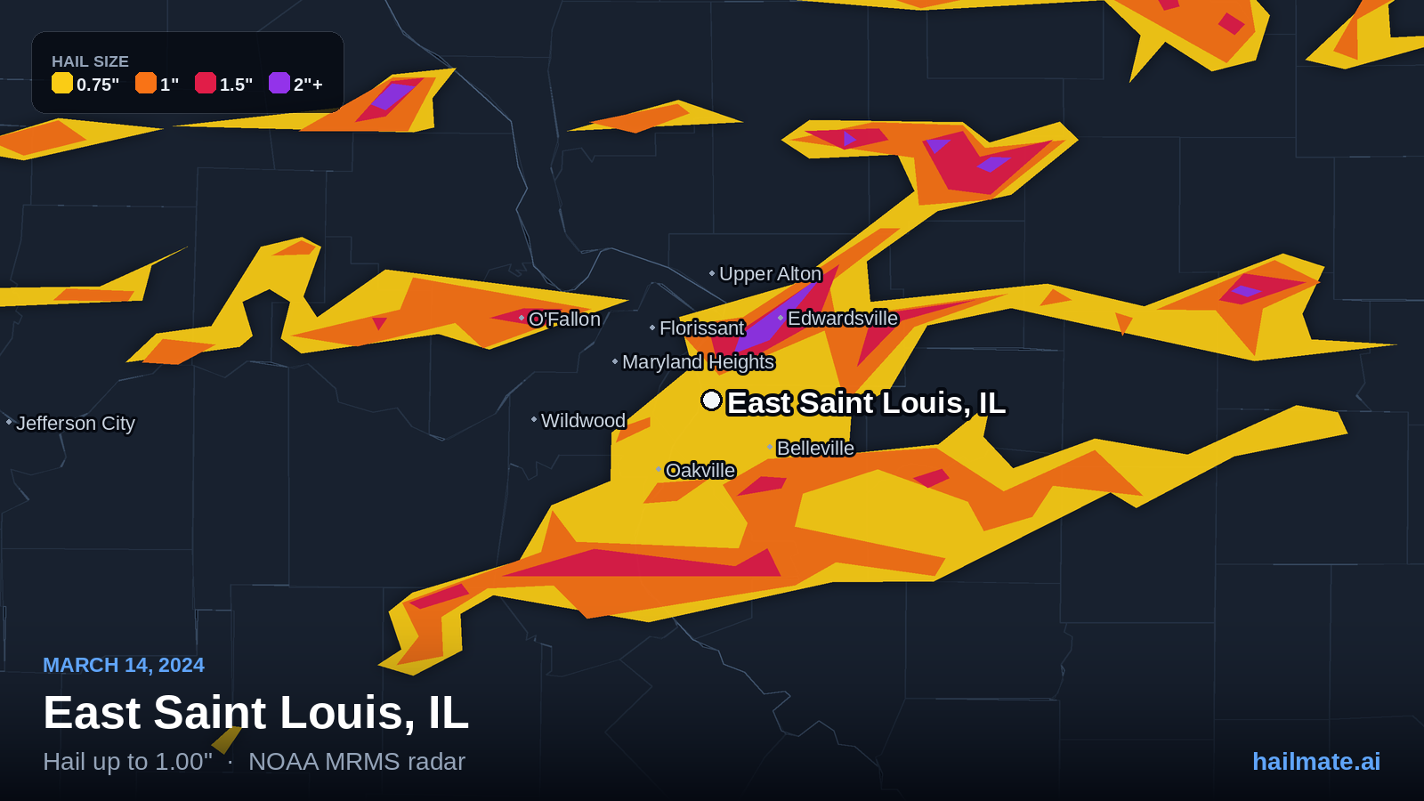 Hail swath map for East Saint Louis, IL on March 14, 2024 showing 1.00 inch hail.