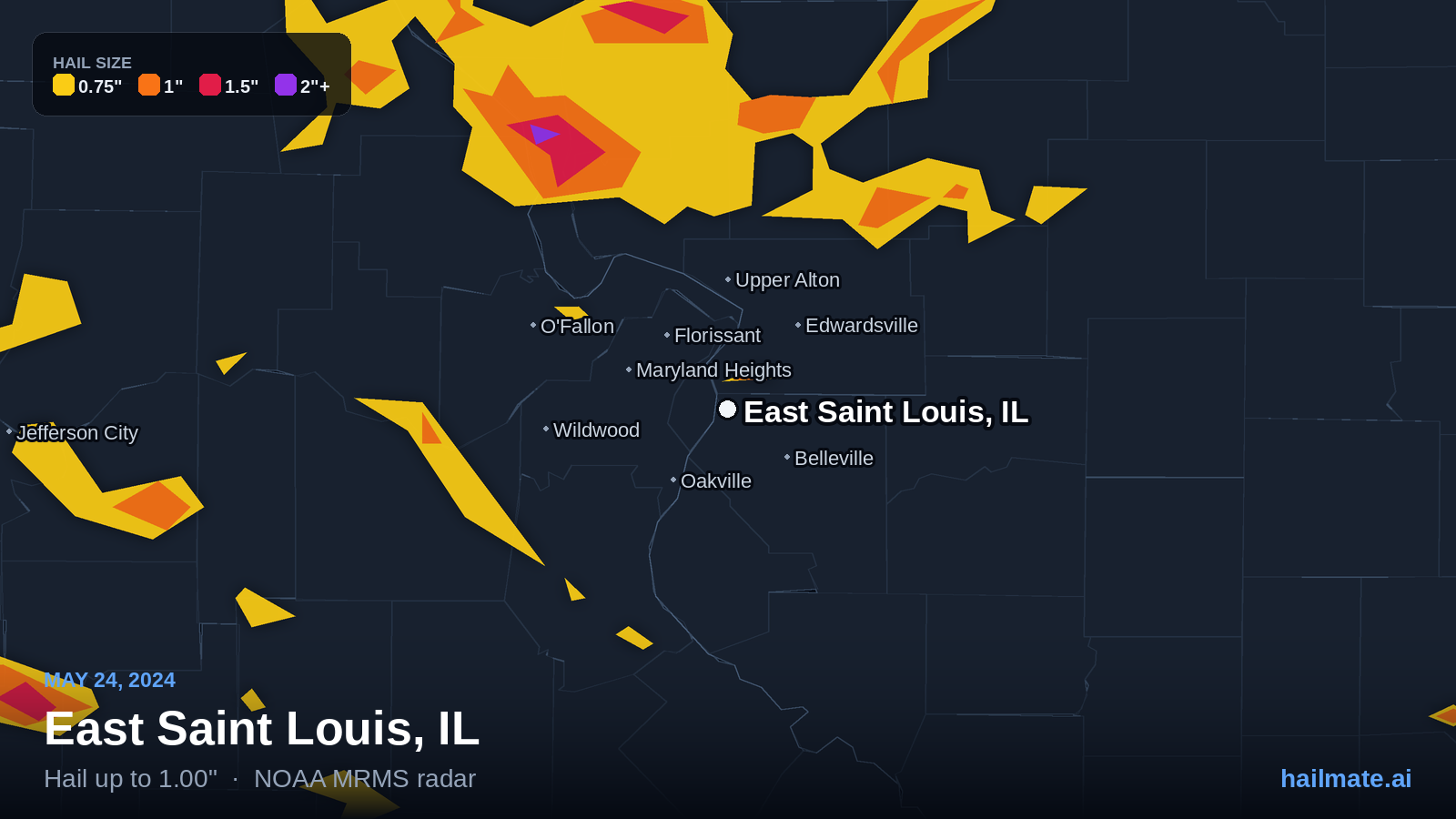 Hail swath map for East Saint Louis, IL on May 24, 2024 showing 1.00 inch hail.