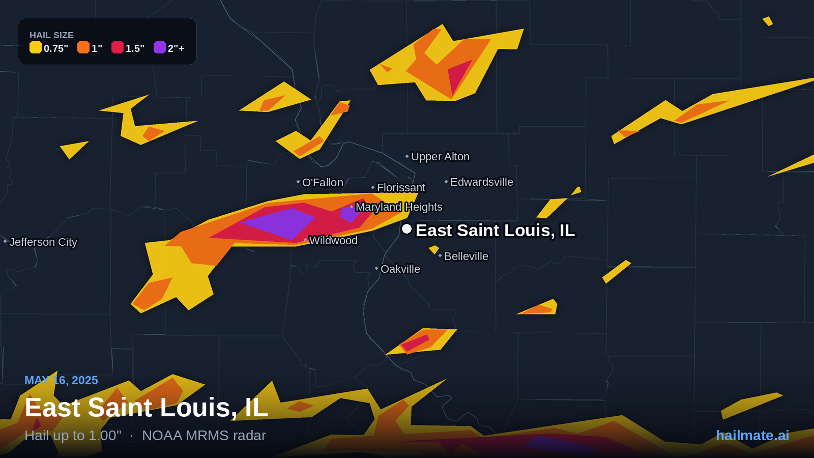 Hail swath map for East Saint Louis, IL on May 16, 2025 showing 1.00 inch hail.