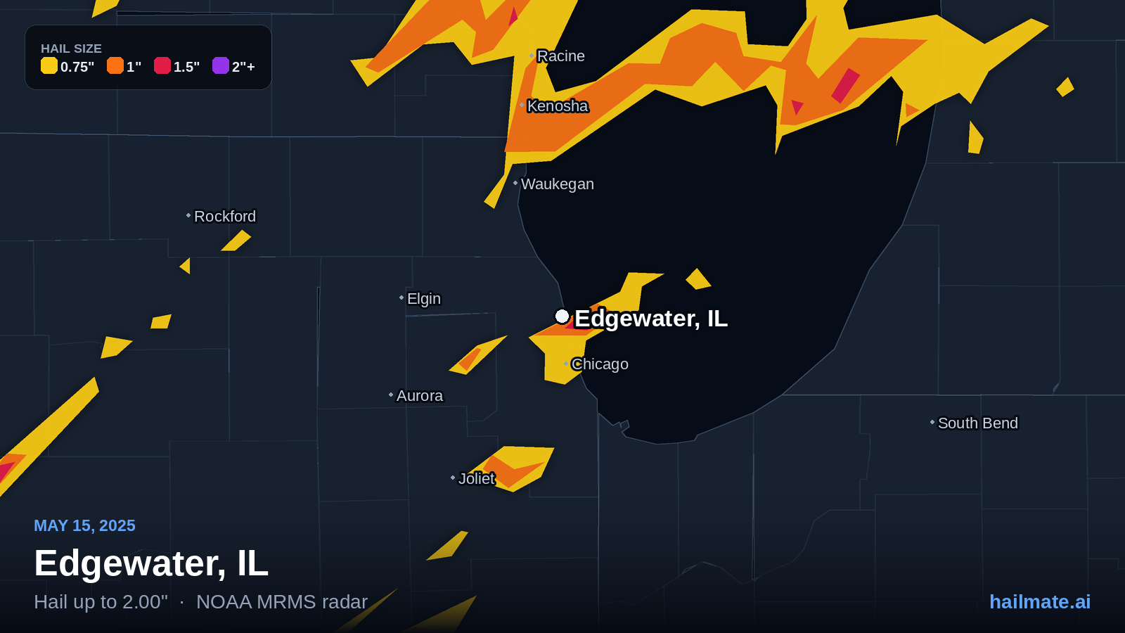 Hail swath map for Edgewater, IL on May 15, 2025 showing 2.00 inch hail.