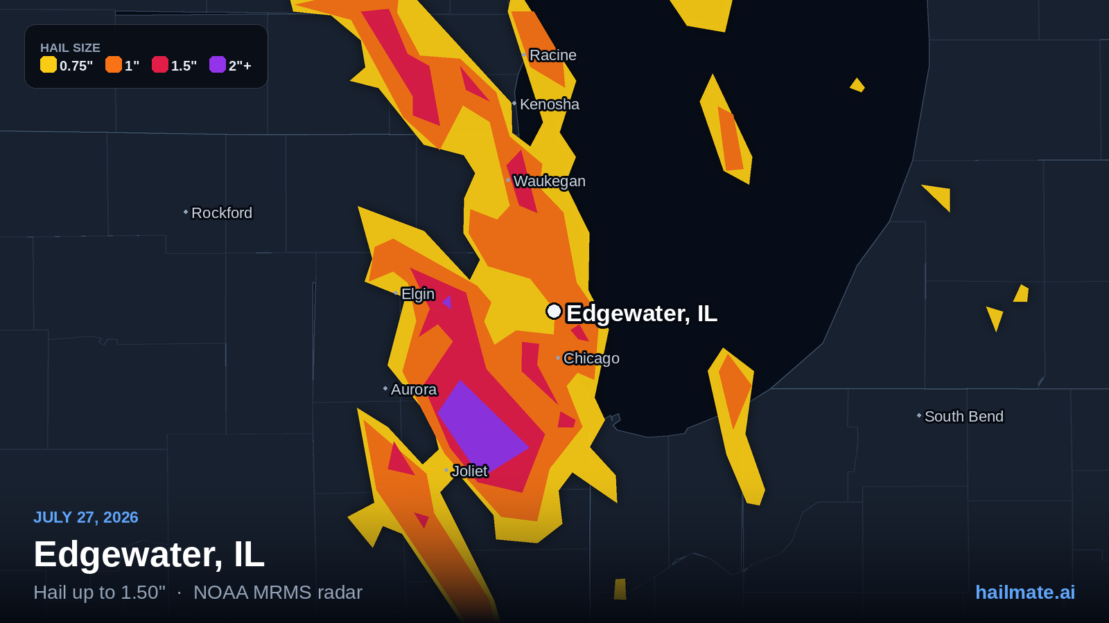 Hail swath map for Edgewater, IL on July 27, 2026 showing 1.50 inch hail.