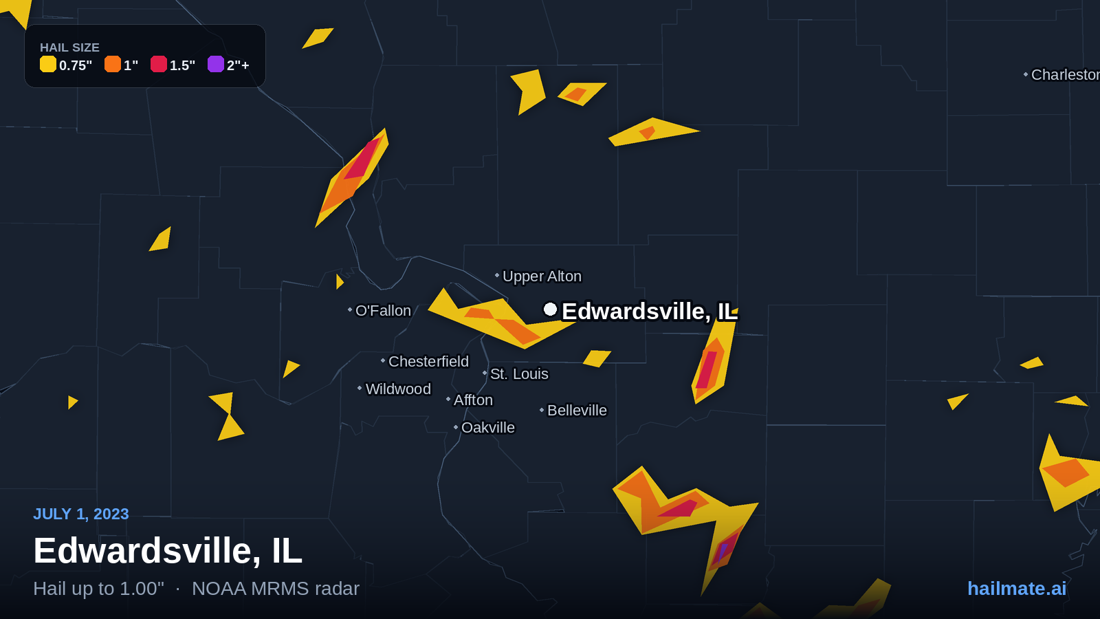 Hail swath map for Edwardsville, IL on July 1, 2023 showing 1.00 inch hail.