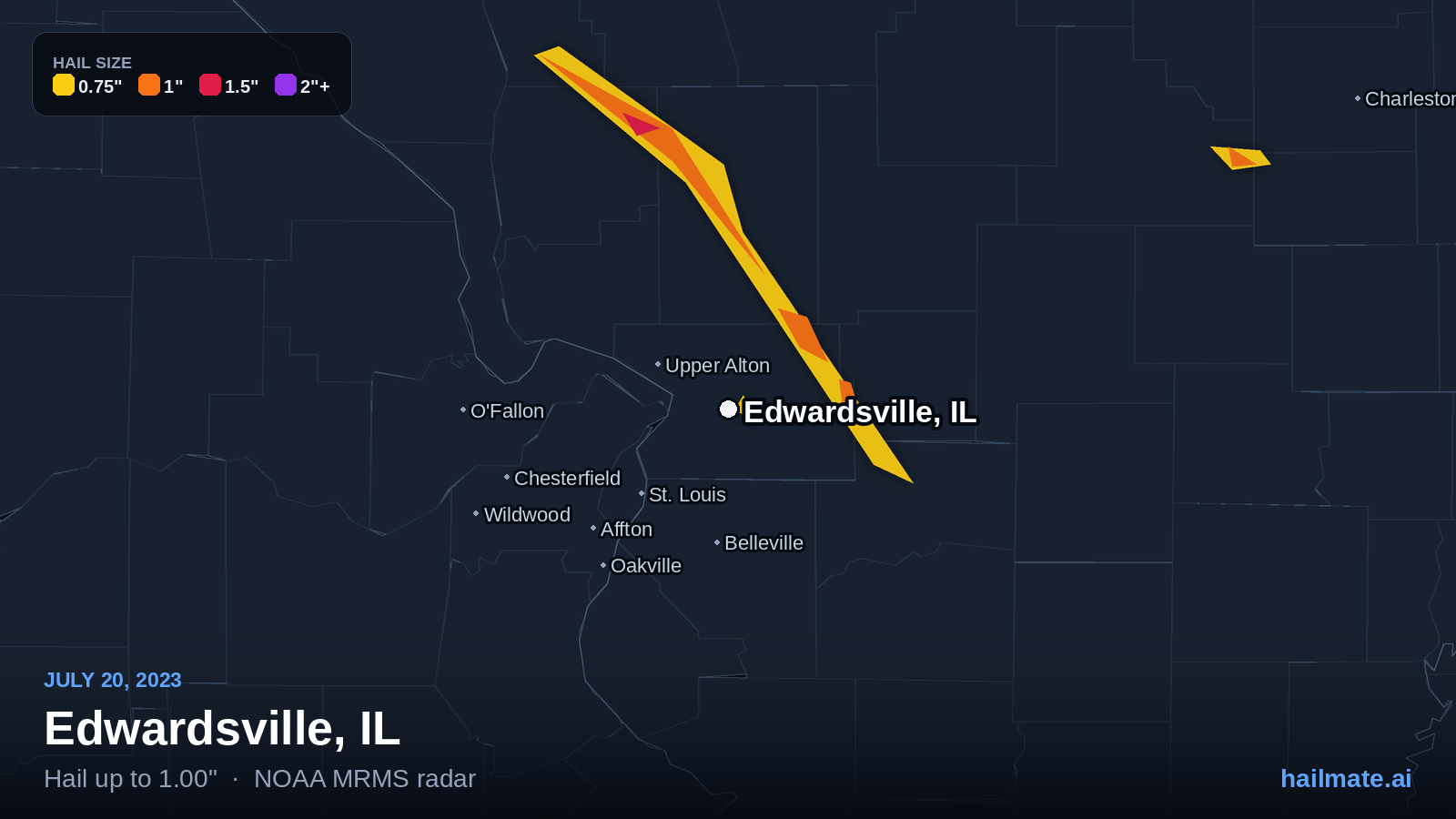 Hail swath map for Edwardsville, IL on July 20, 2023 showing 1.00 inch hail.