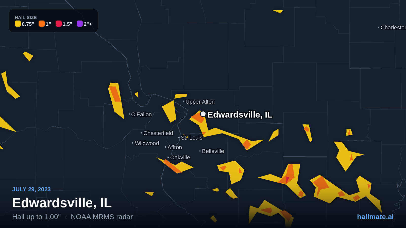 Hail swath map for Edwardsville, IL on July 29, 2023 showing 1.00 inch hail.