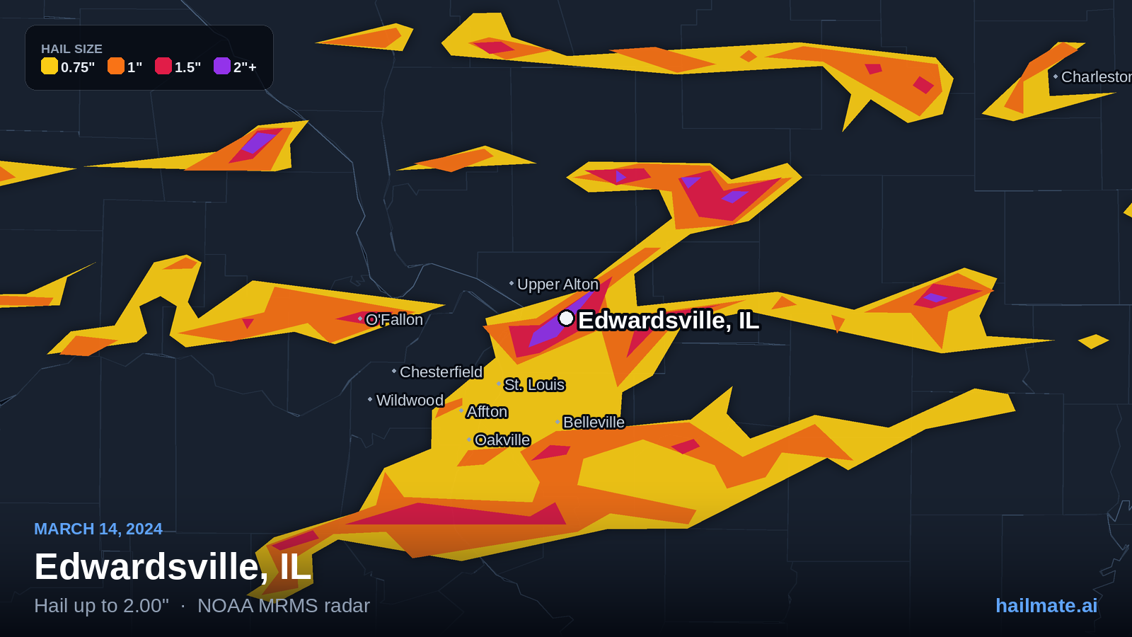 Hail swath map for Edwardsville, IL on March 14, 2024 showing 2.00 inch hail.
