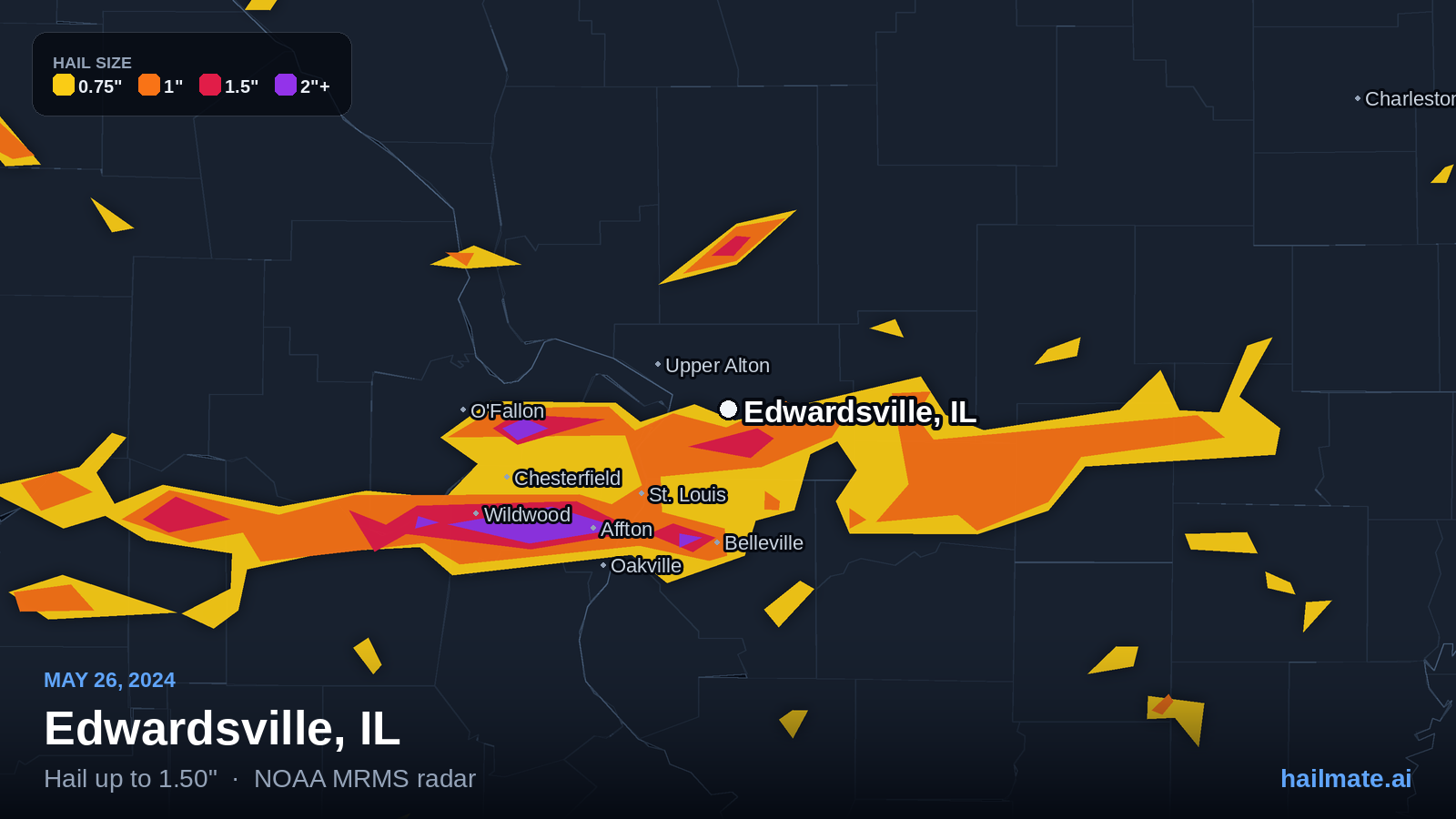 Hail swath map for Edwardsville, IL on May 26, 2024 showing 1.50 inch hail.