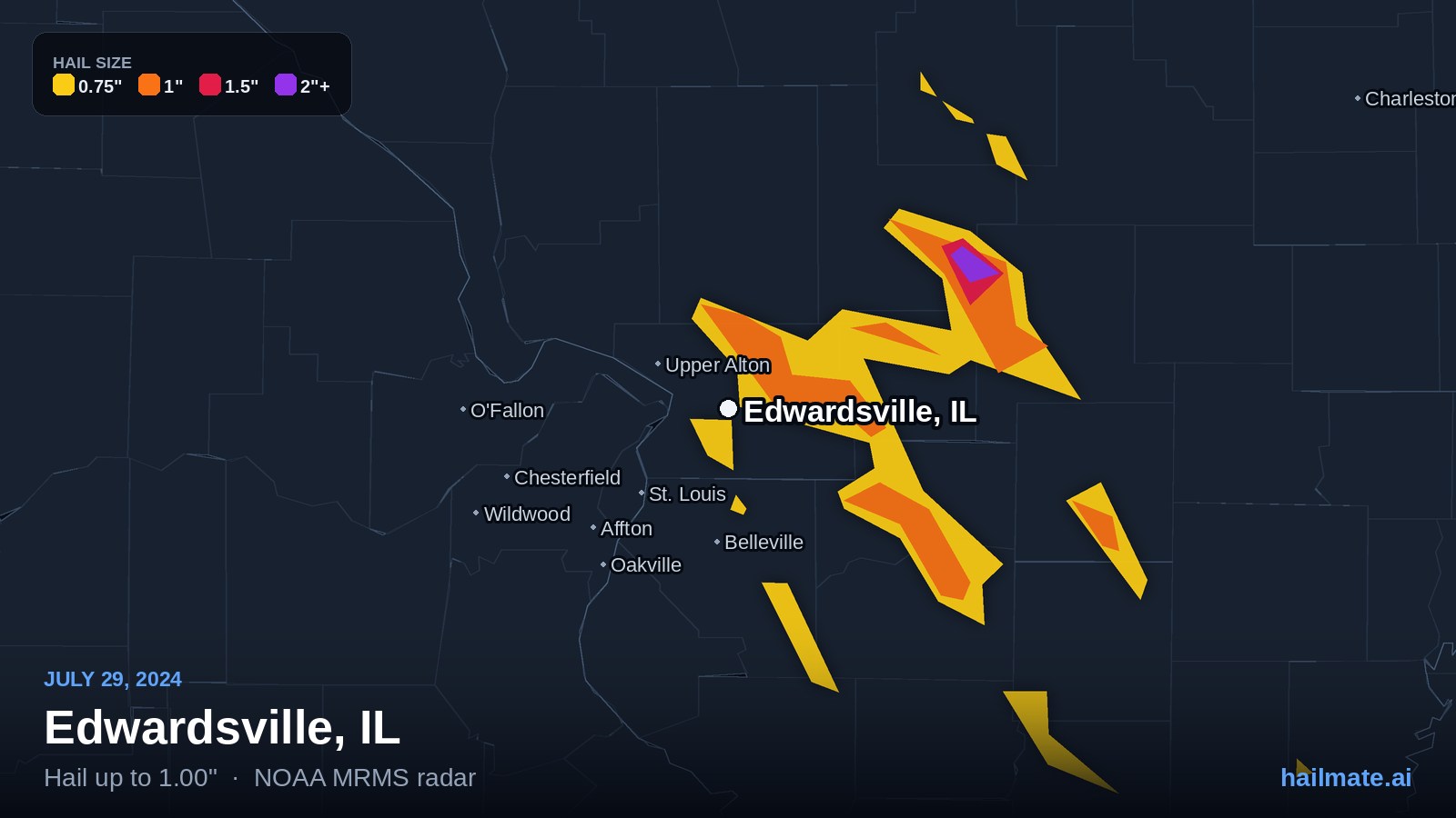 Hail swath map for Edwardsville, IL on July 29, 2024 showing 1.00 inch hail.