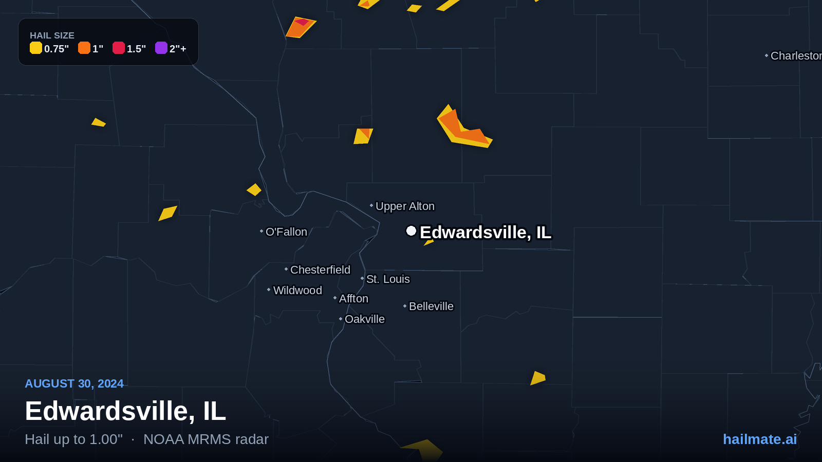 Hail swath map for Edwardsville, IL on August 30, 2024 showing 1.00 inch hail.