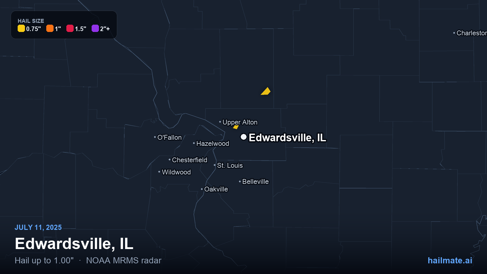 Hail swath map for Edwardsville, IL on July 11, 2025 showing 1.00 inch hail.