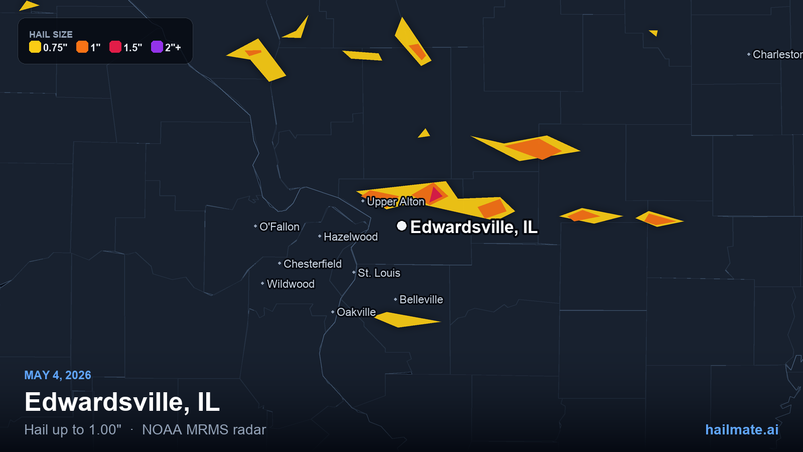 Hail swath map for Edwardsville, IL on May 4, 2026 showing 1.00 inch hail.