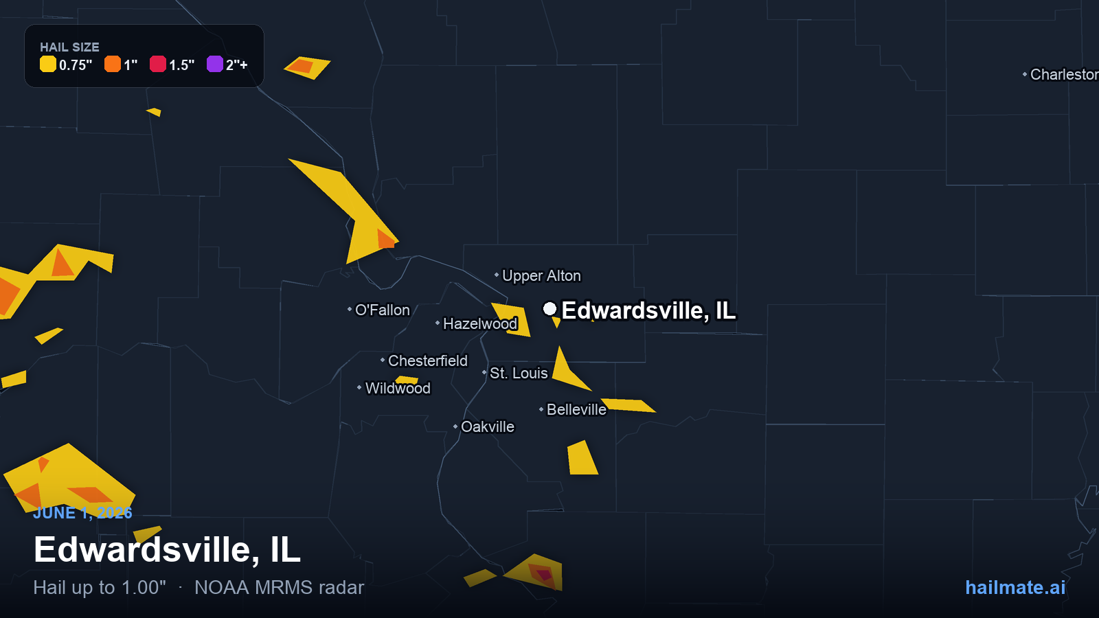 Hail swath map for Edwardsville, IL on June 1, 2026 showing 1.00 inch hail.