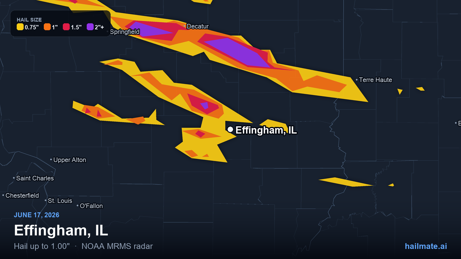 Hail swath map for Effingham, IL on June 17, 2026 showing 1.00 inch hail.