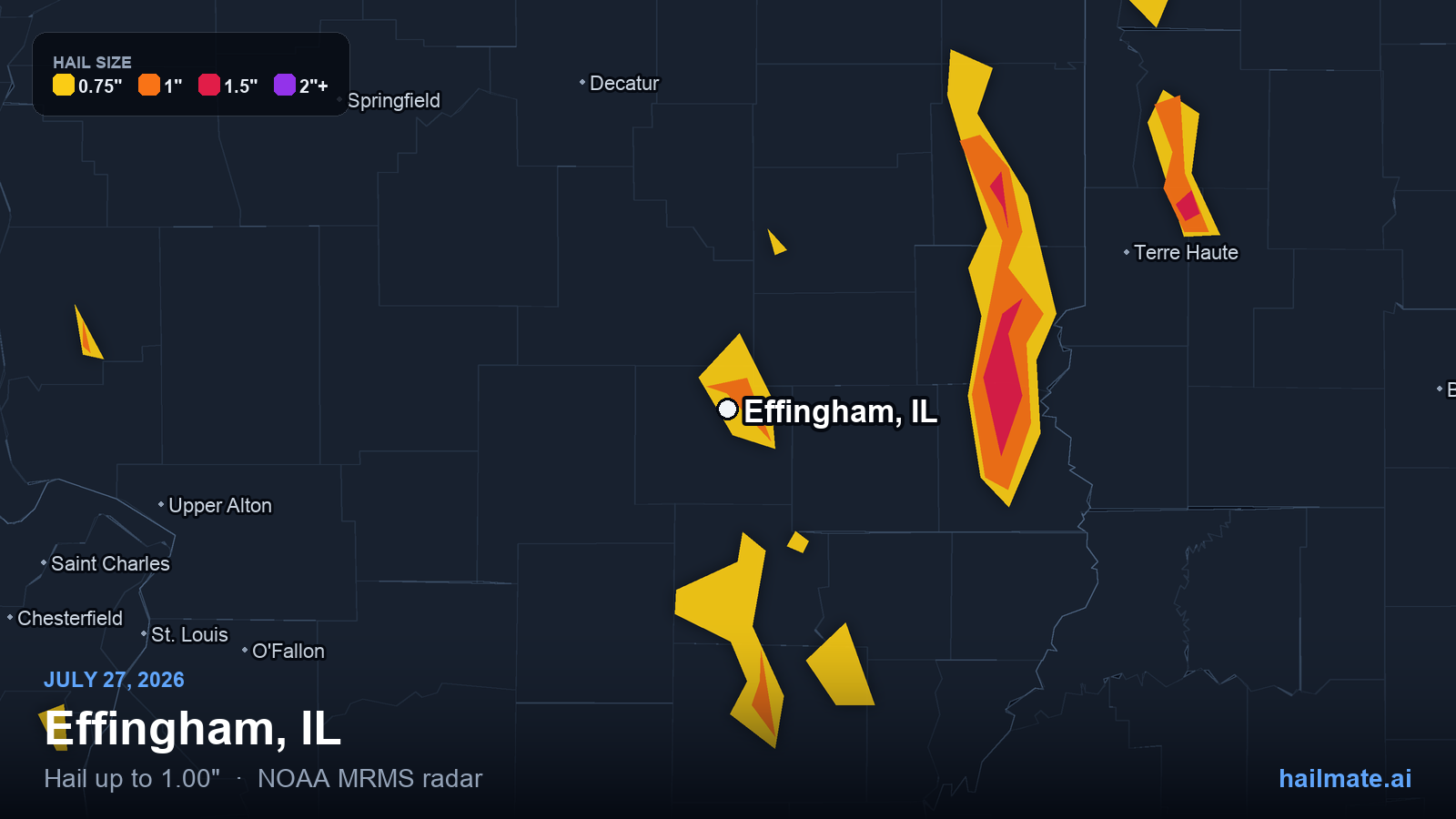 Hail swath map for Effingham, IL on July 27, 2026 showing 1.00 inch hail.