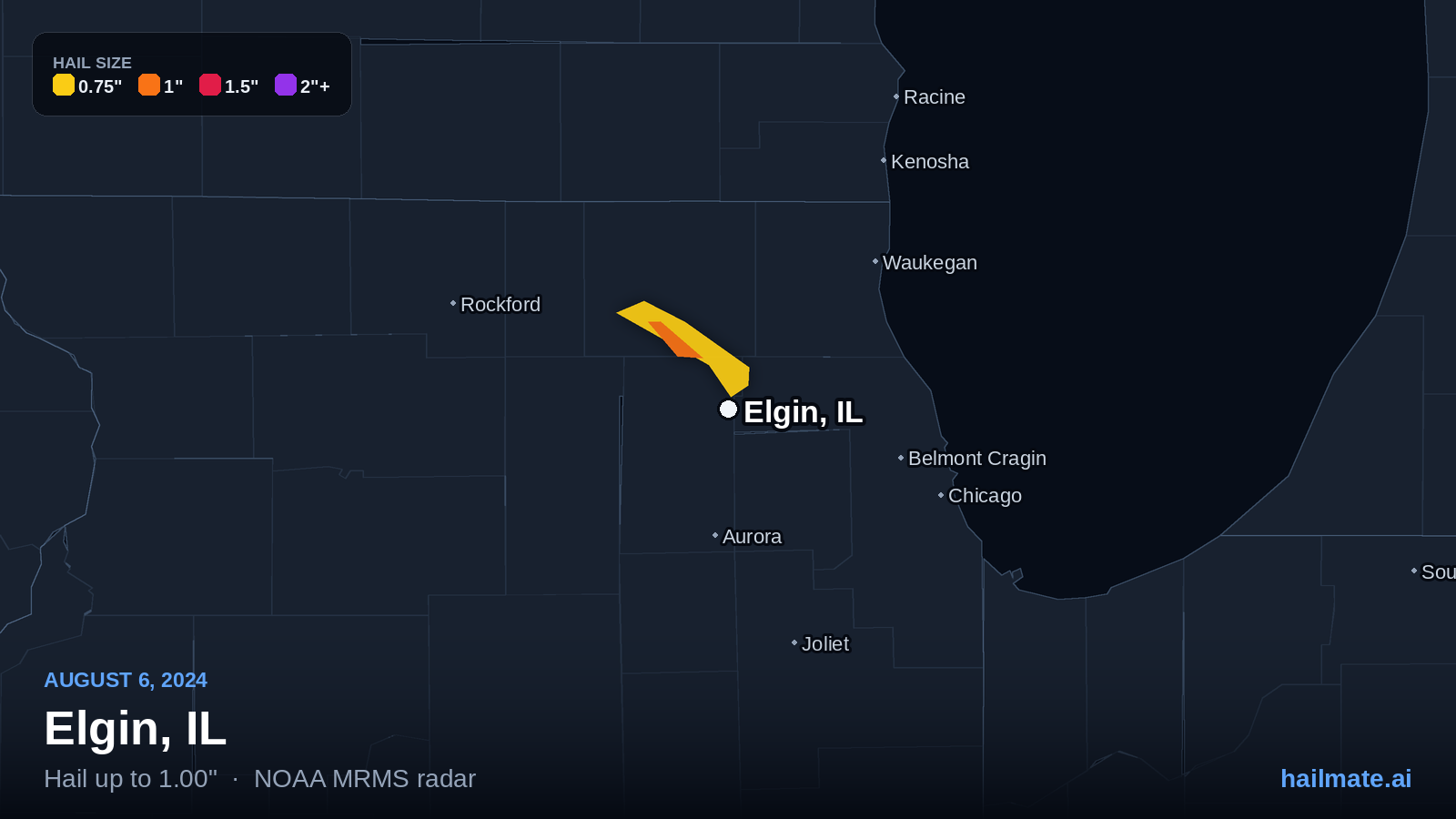Hail swath map for Elgin, IL on August 6, 2024 showing 1.00 inch hail.