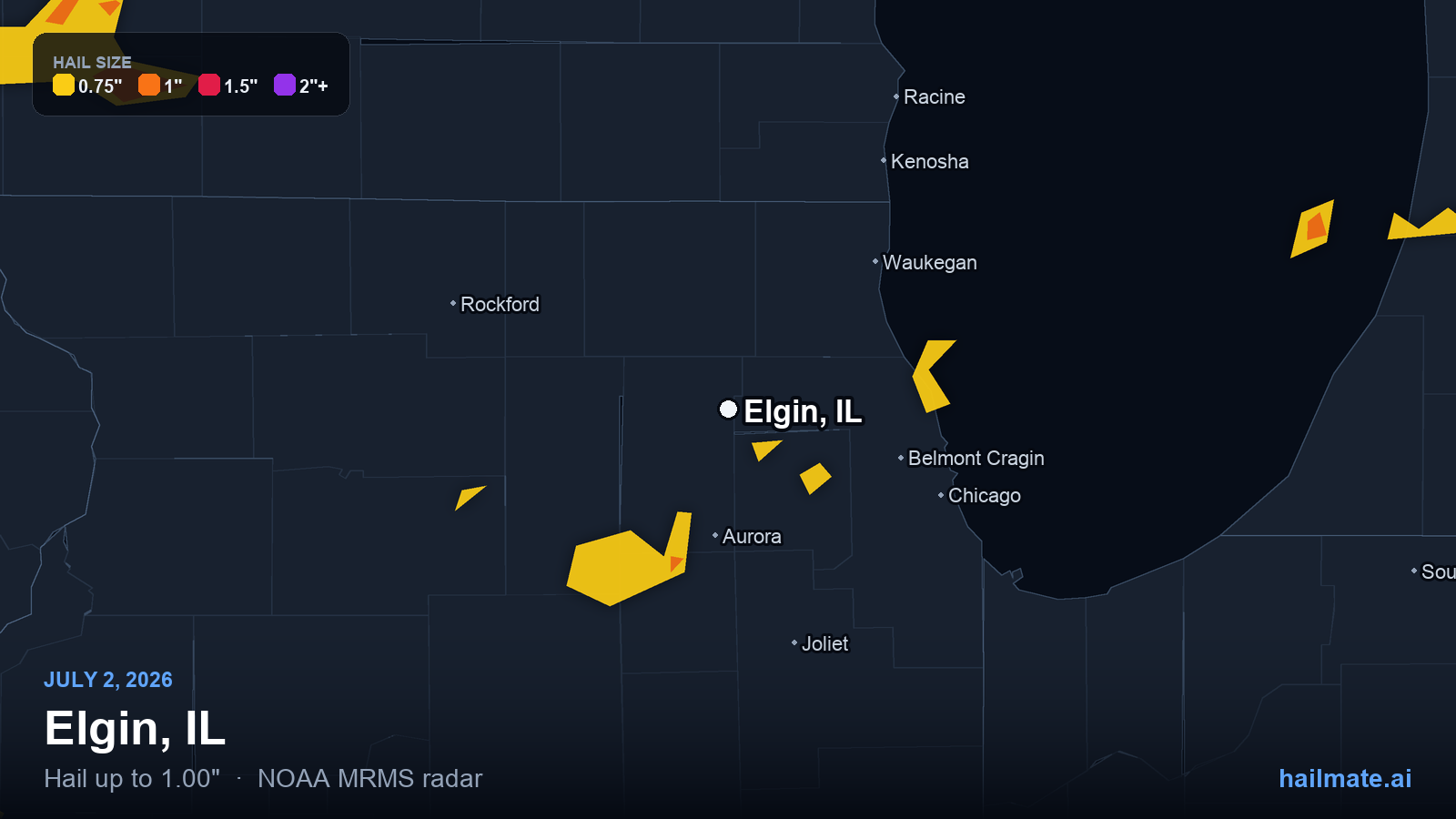 Hail swath map for Elgin, IL on July 2, 2026 showing 1.00 inch hail.