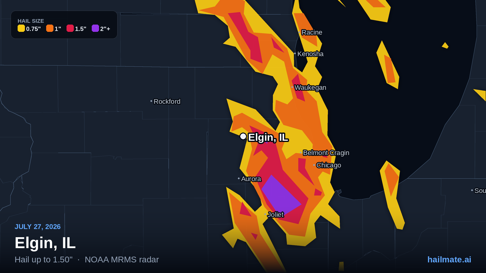 Hail swath map for Elgin, IL on July 27, 2026 showing 1.50 inch hail.