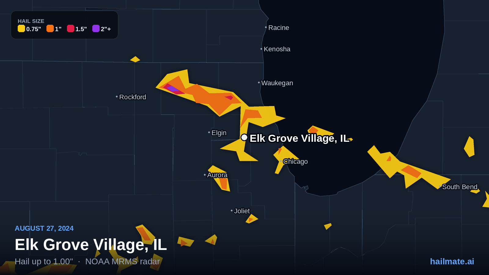 Hail swath map for Elk Grove Village, IL on August 27, 2024 showing 1.00 inch hail.