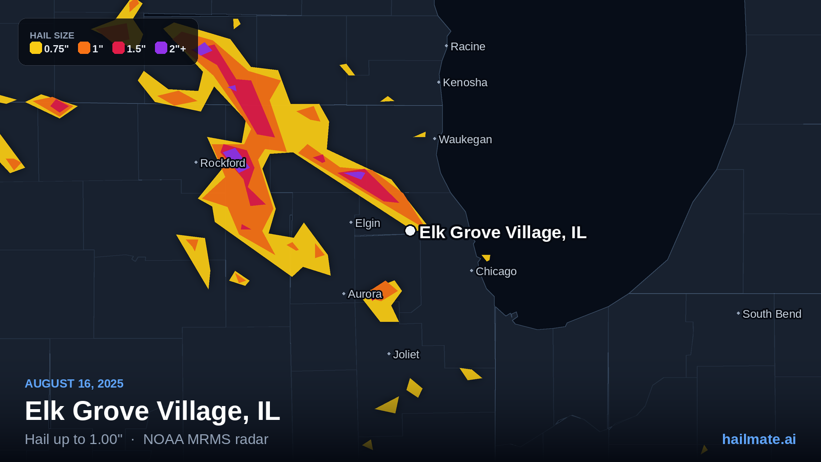 Hail swath map for Elk Grove Village, IL on August 16, 2025 showing 1.00 inch hail.
