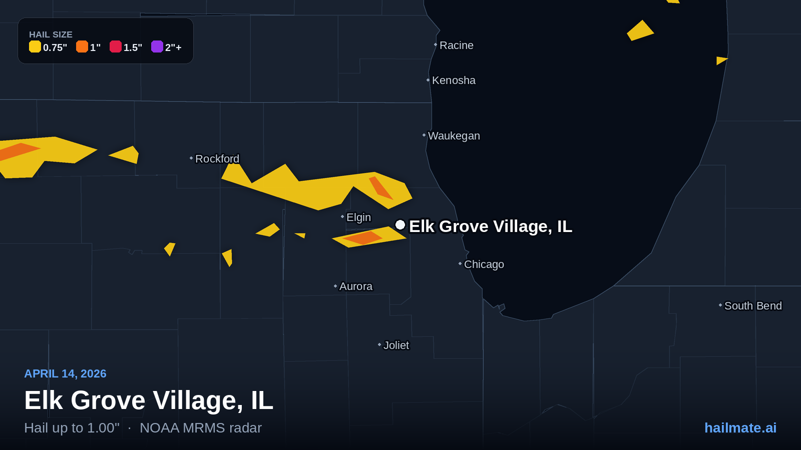 Hail swath map for Elk Grove Village, IL on April 14, 2026 showing 1.00 inch hail.