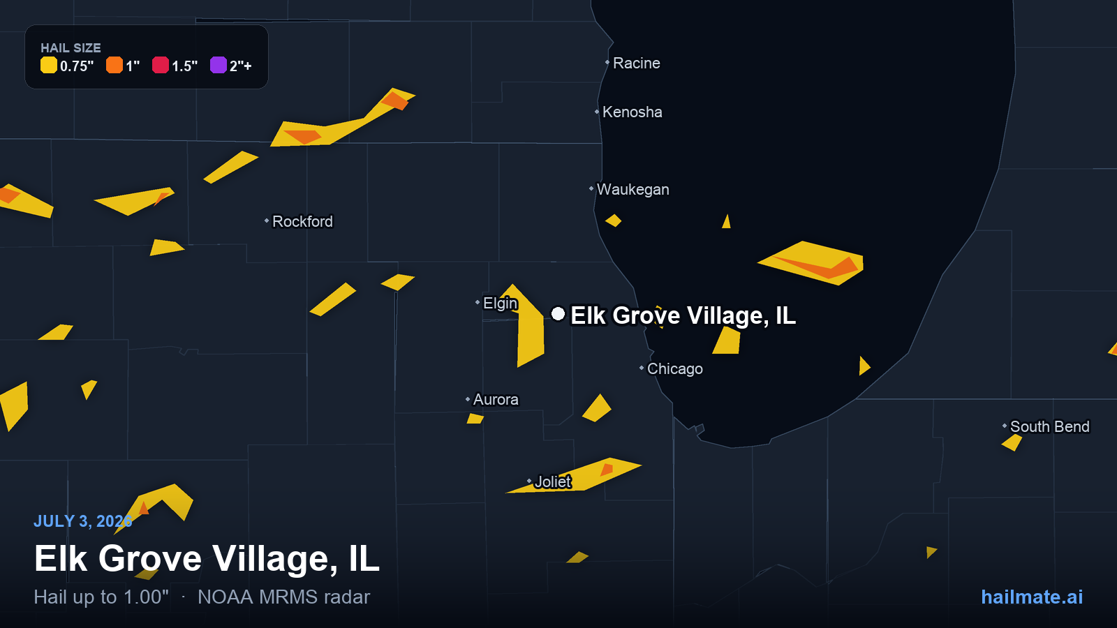 Hail swath map for Elk Grove Village, IL on July 3, 2026 showing 1.00 inch hail.