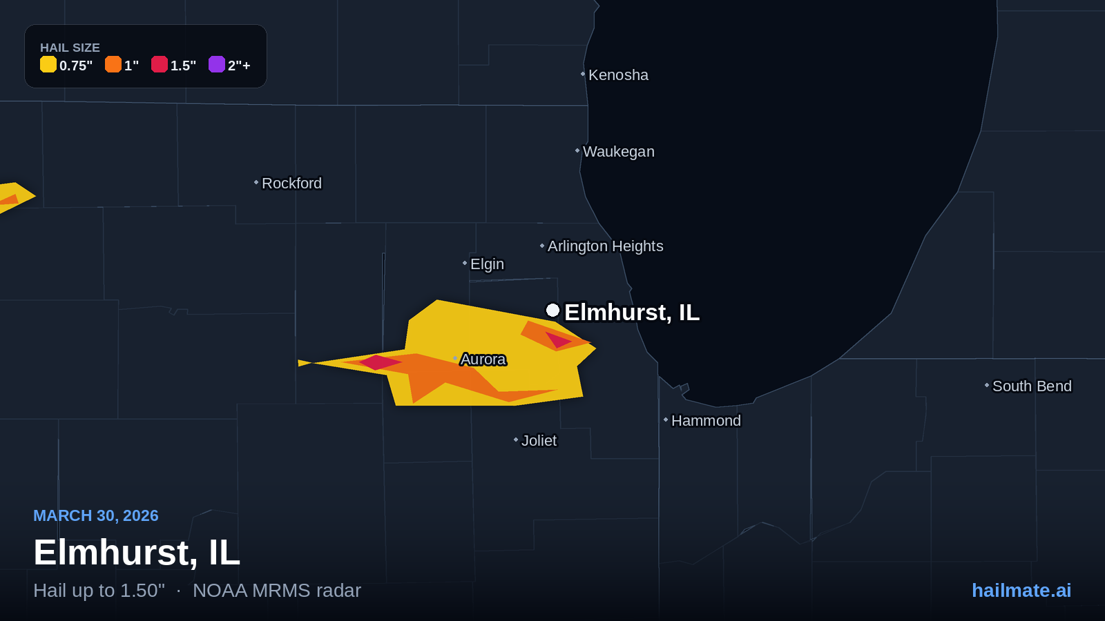Hail swath map for Elmhurst, IL on March 30, 2026 showing 1.50 inch hail.