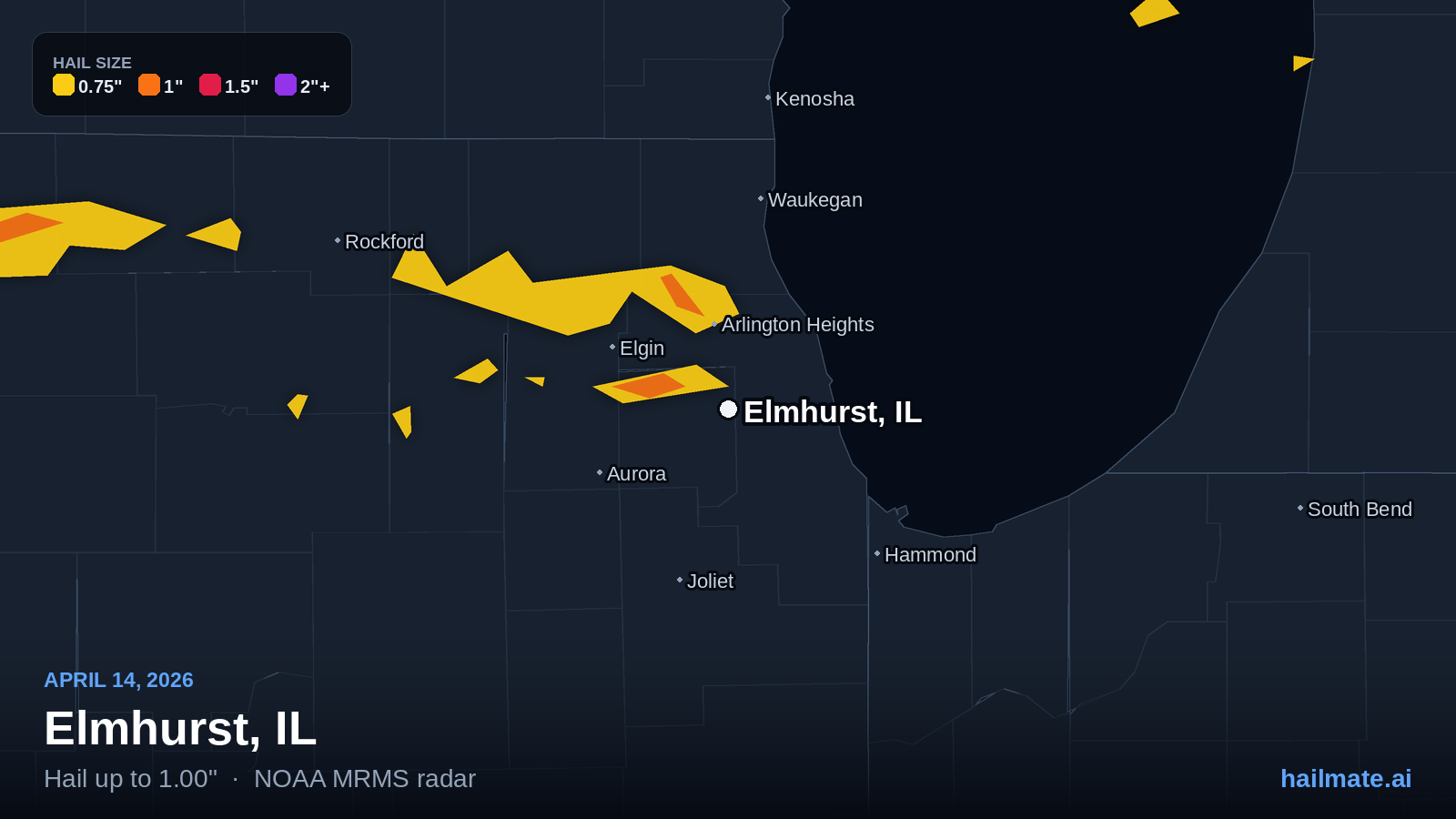 Hail swath map for Elmhurst, IL on April 14, 2026 showing 1.00 inch hail.