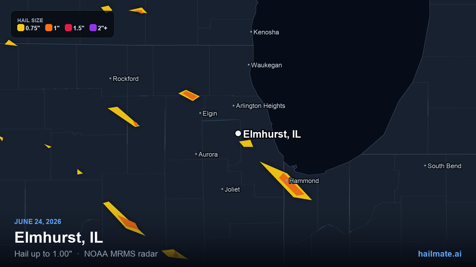 Hail swath map for Elmhurst, IL on June 24, 2026 showing 1.00 inch hail.