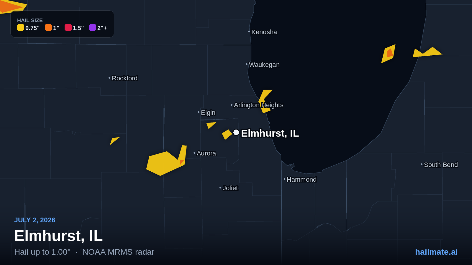 Hail swath map for Elmhurst, IL on July 2, 2026 showing 1.00 inch hail.