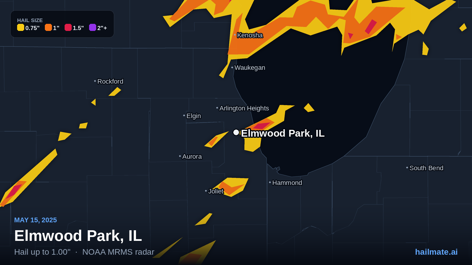 Hail swath map for Elmwood Park, IL on May 15, 2025 showing 1.00 inch hail.