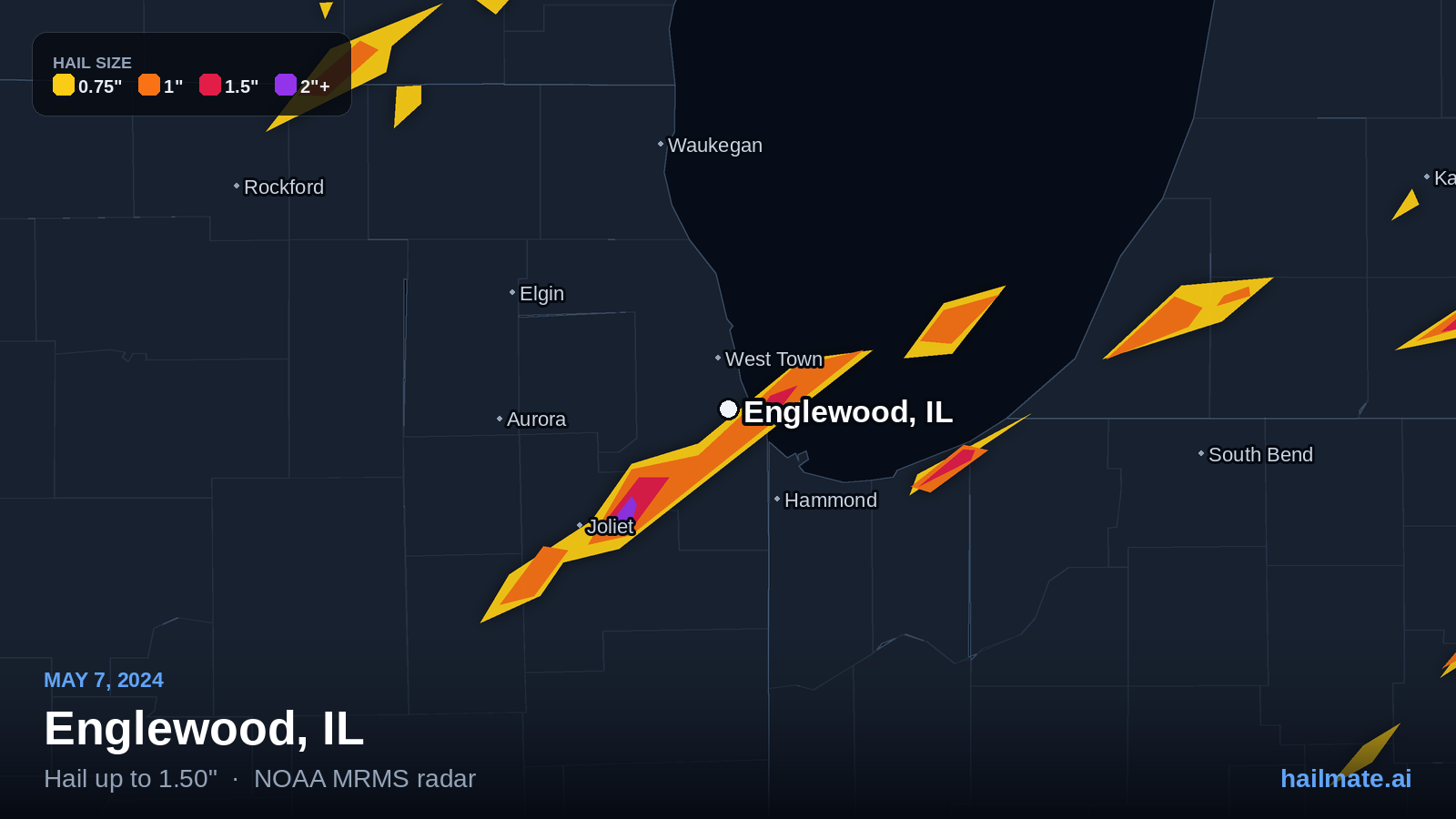 Hail swath map for Englewood, IL on May 7, 2024 showing 1.50 inch hail.