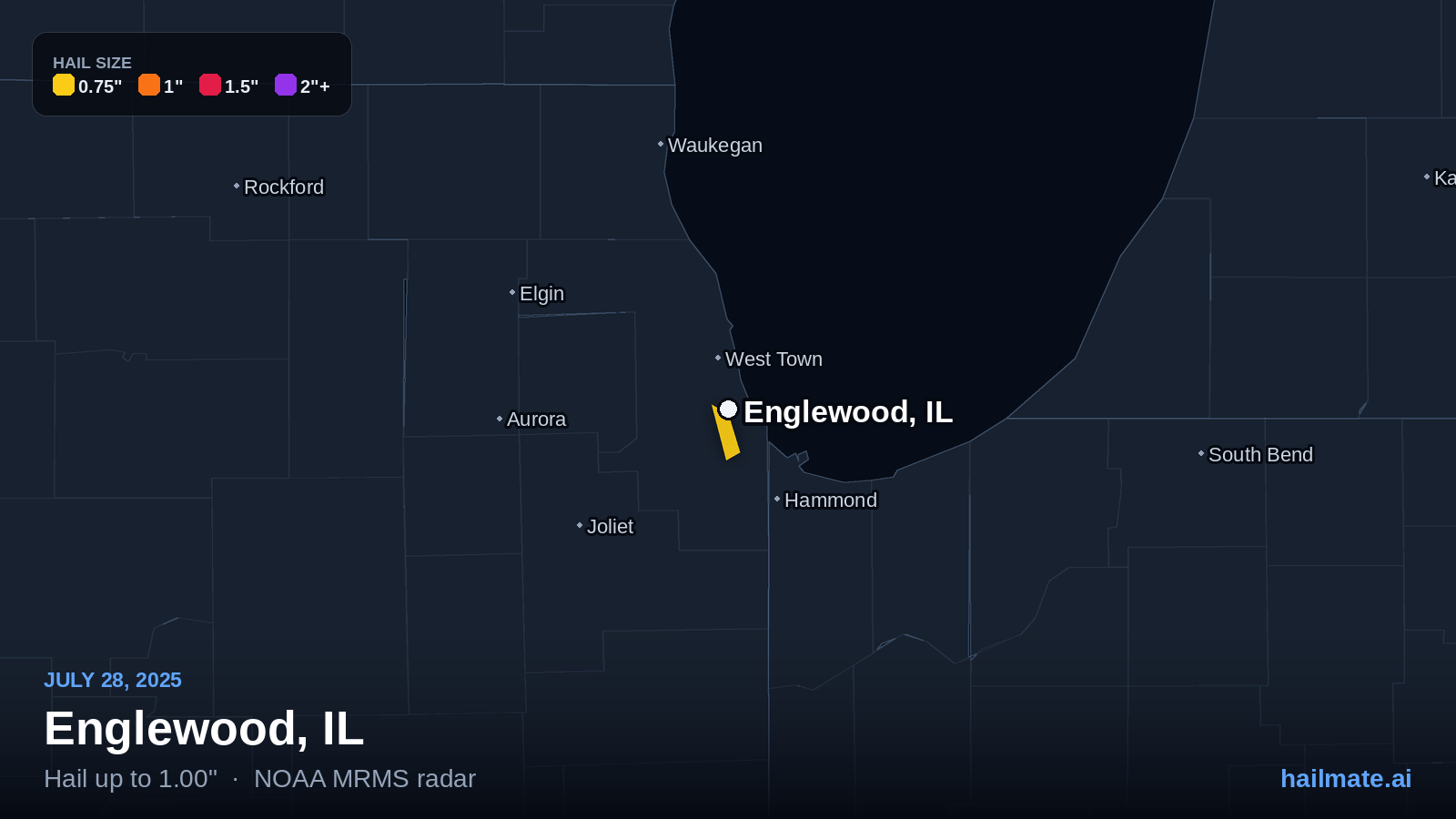 Hail swath map for Englewood, IL on July 28, 2025 showing 1.00 inch hail.