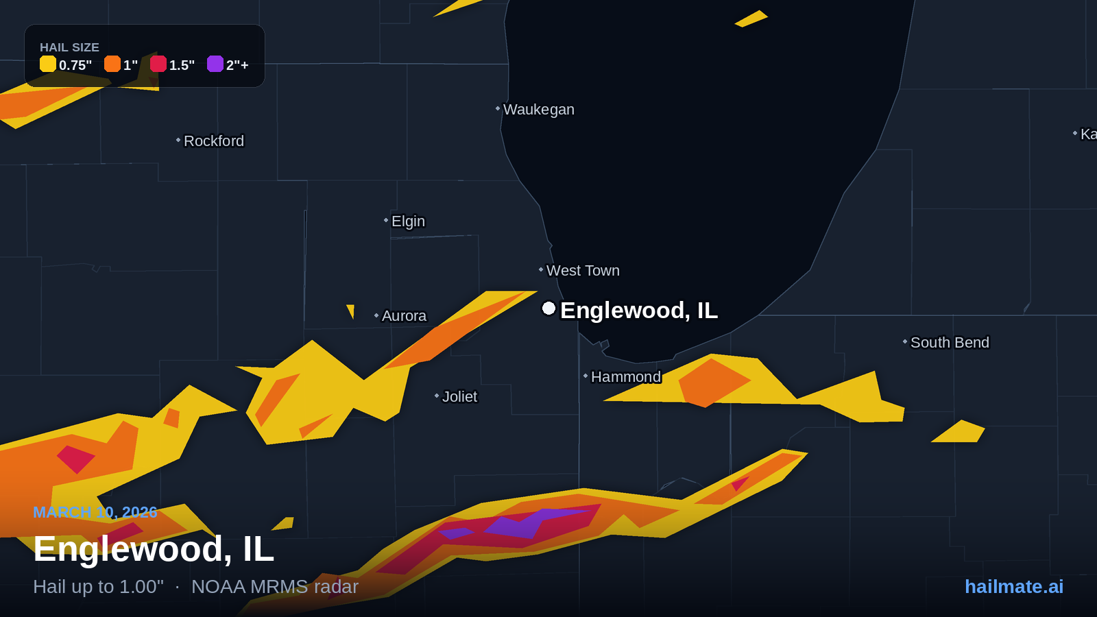 Hail swath map for Englewood, IL on March 10, 2026 showing 1.00 inch hail.