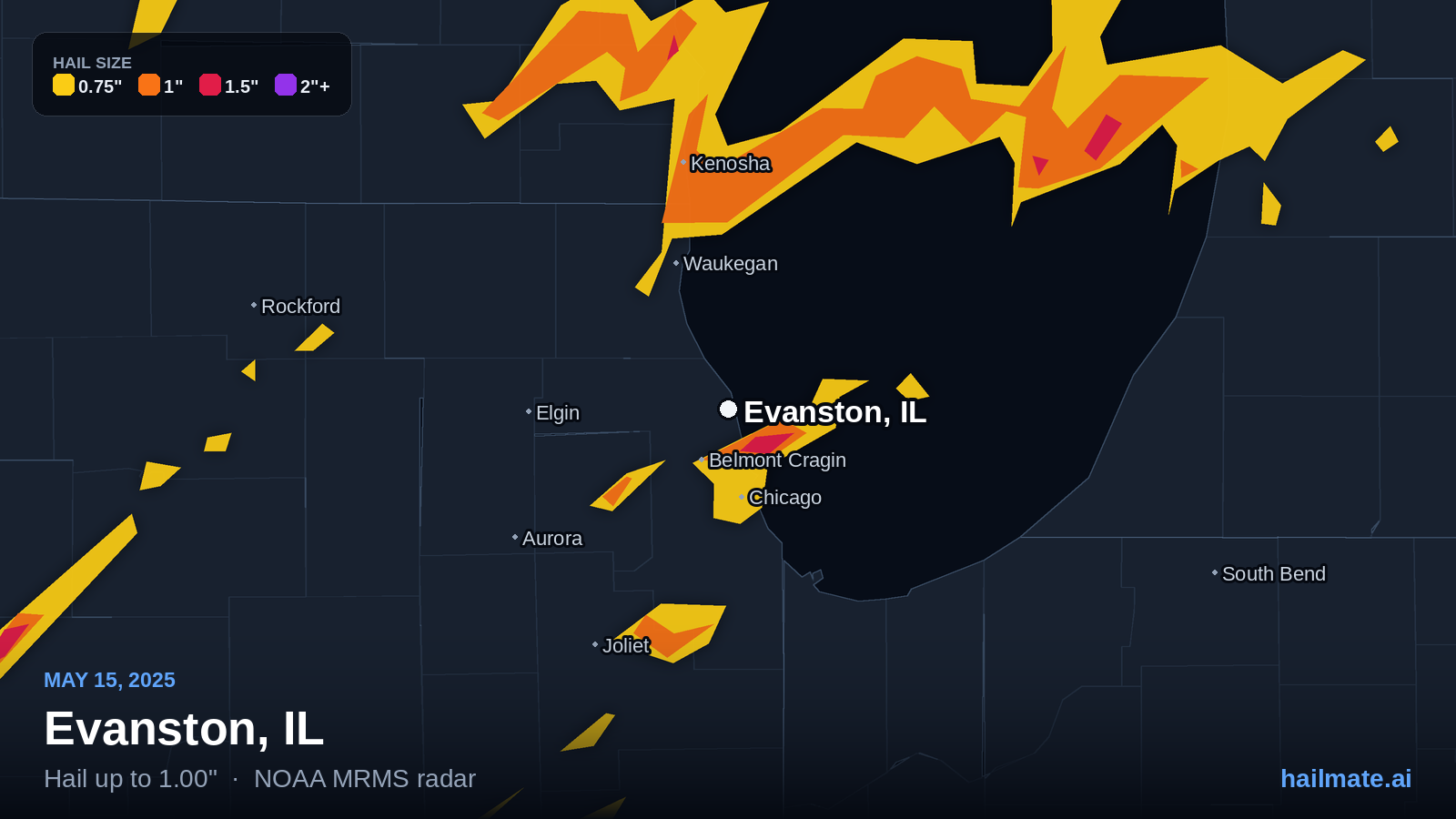 Hail swath map for Evanston, IL on May 15, 2025 showing 1.00 inch hail.
