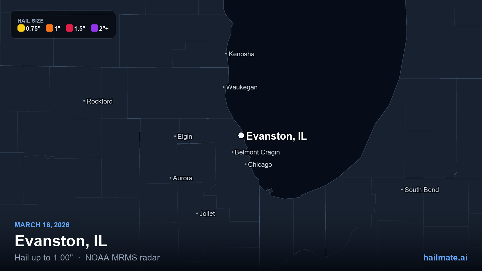 Hail swath map for Evanston, IL on March 16, 2026 showing 1.00 inch hail.