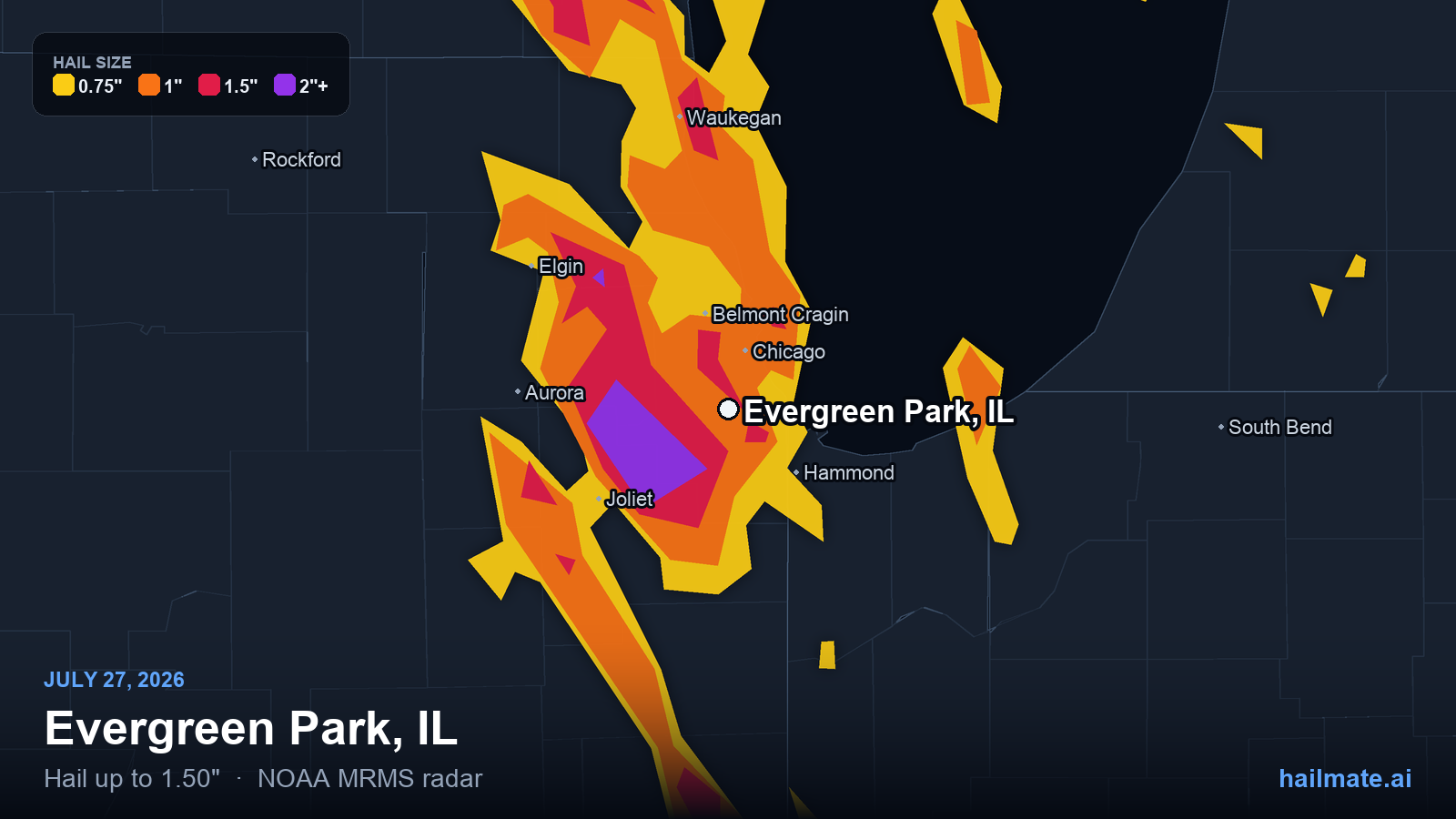 Hail swath map for Evergreen Park, IL on July 27, 2026 showing 1.50 inch hail.