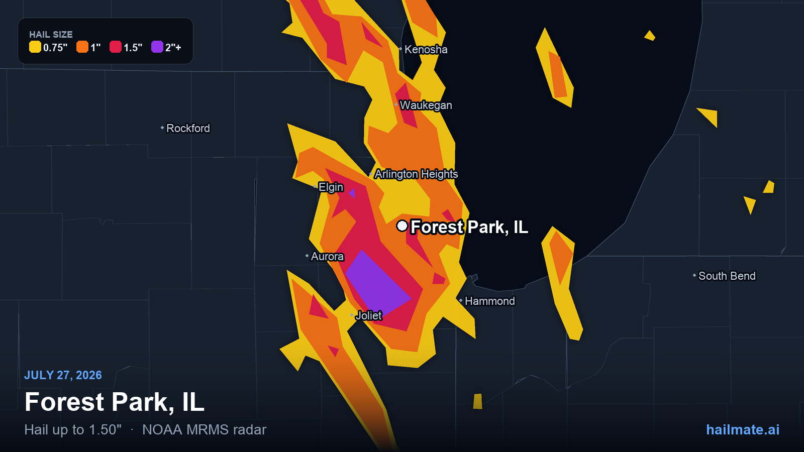 Hail swath map for Forest Park, IL on July 27, 2026 showing 1.50 inch hail.