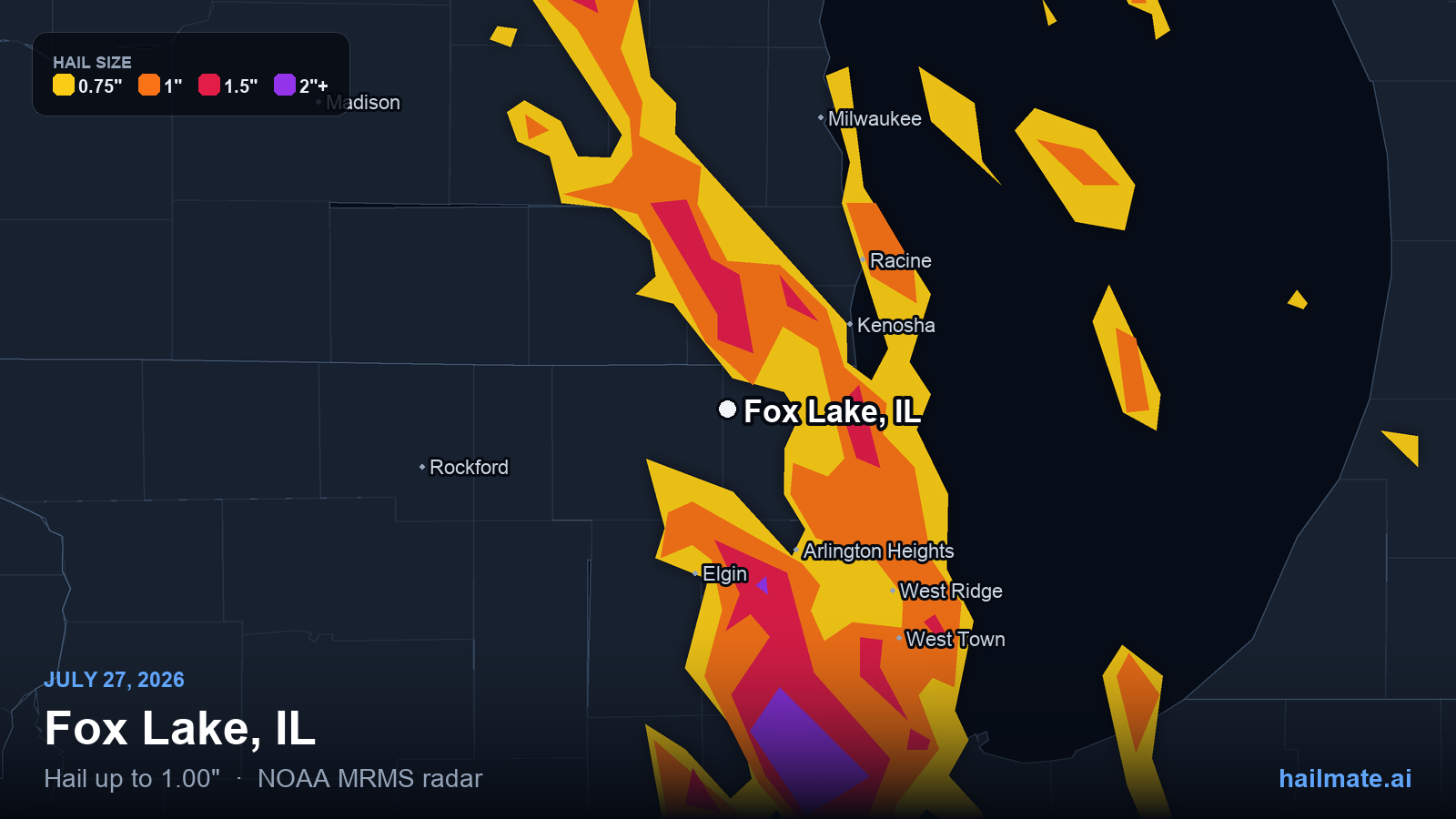 Hail swath map for Fox Lake, IL on July 27, 2026 showing 1.00 inch hail.