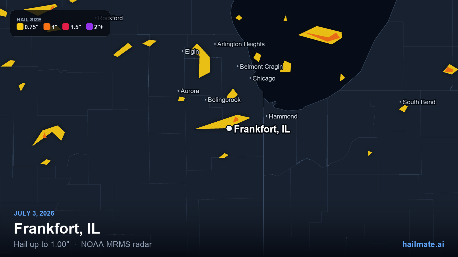 Hail swath map for Frankfort, IL on July 3, 2026 showing 1.00 inch hail.